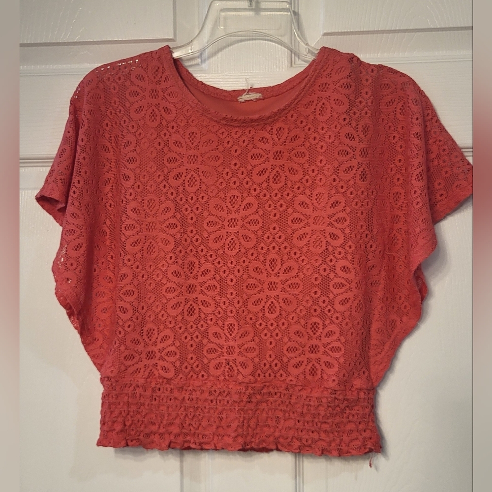 Girl's Orange Batwing Lined Lace Shirt Size Approximately 10/12